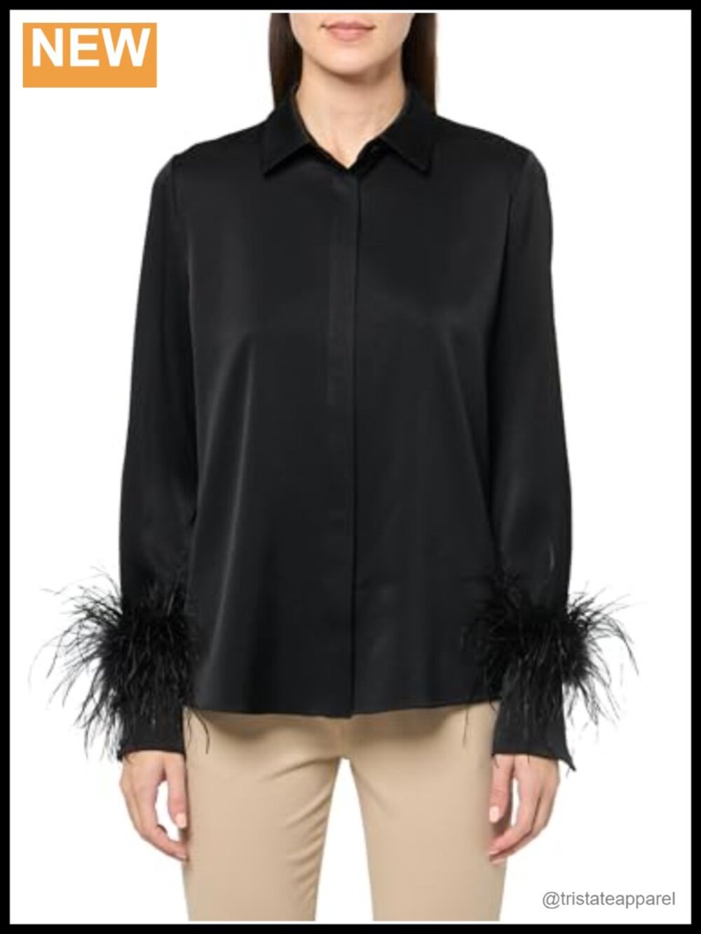 Long Sleeve Collared Blouse with Feather Cuff